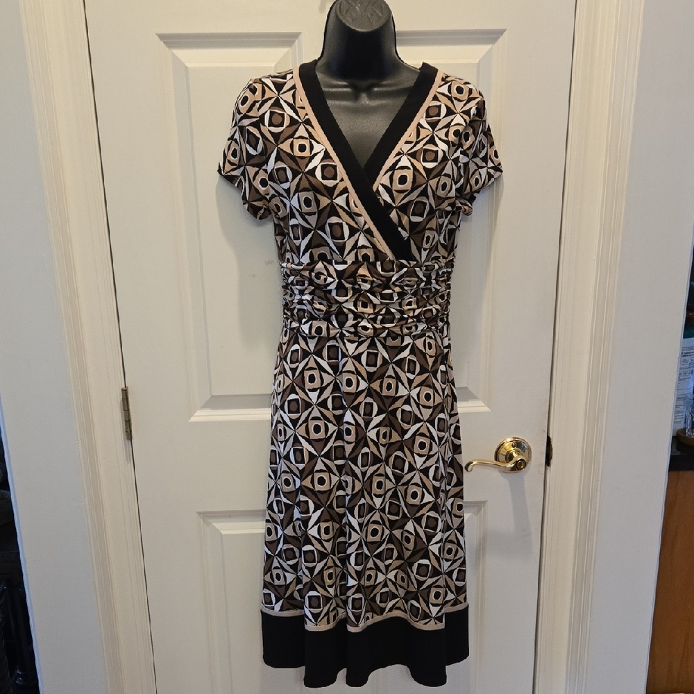 Geometric Faux Wrap Midi Dress 10 Neutral Surplice V-neck Ruched Jersey Striped